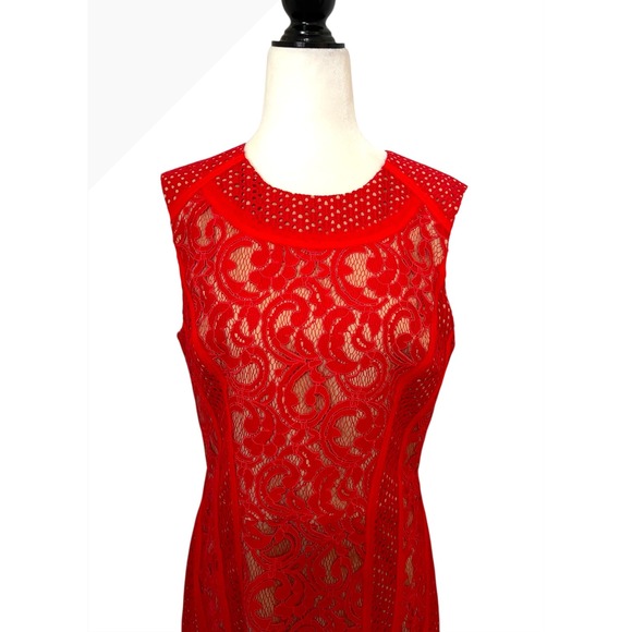 BCBGMAXAZRIA Lace Midi Dress Sleeveless Party Cocktail Red Size 12 - Picture 5 of 12